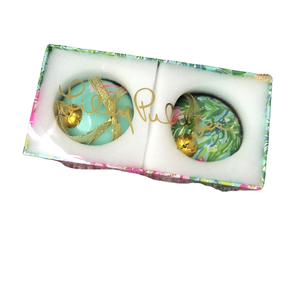 4 Lilly Pulitzer ornaments Seasalt Blue Fruity Flamingo GWP New in Package FREE